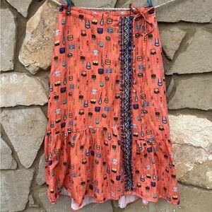 Emily Lovelock Small 4-6  Tiered Maxi‎ Skirt Side Tie Asian Theme Print EC